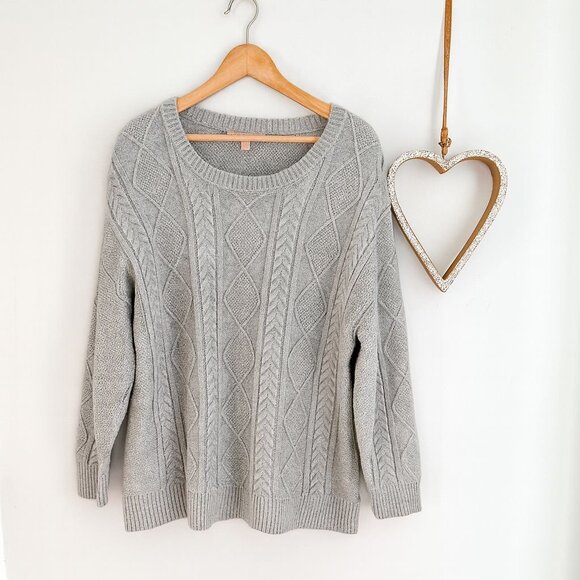 Philosophy Womens Plus Sz 1X Cable Knit Crewneck Sweater Light Mist Grey Heather - Picture 1 of 11